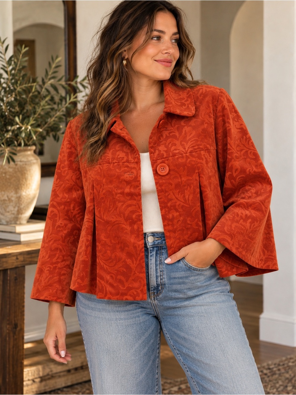 Requirements Rust Orange Burnout Velvet Floral Jacket XL